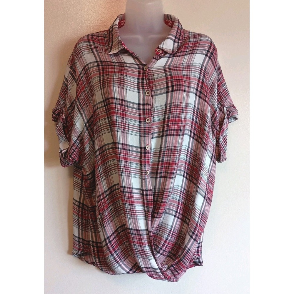 Knox Rose XL Plaid Twist Front Shirt Red Black Relaxed Button Down Western Boho